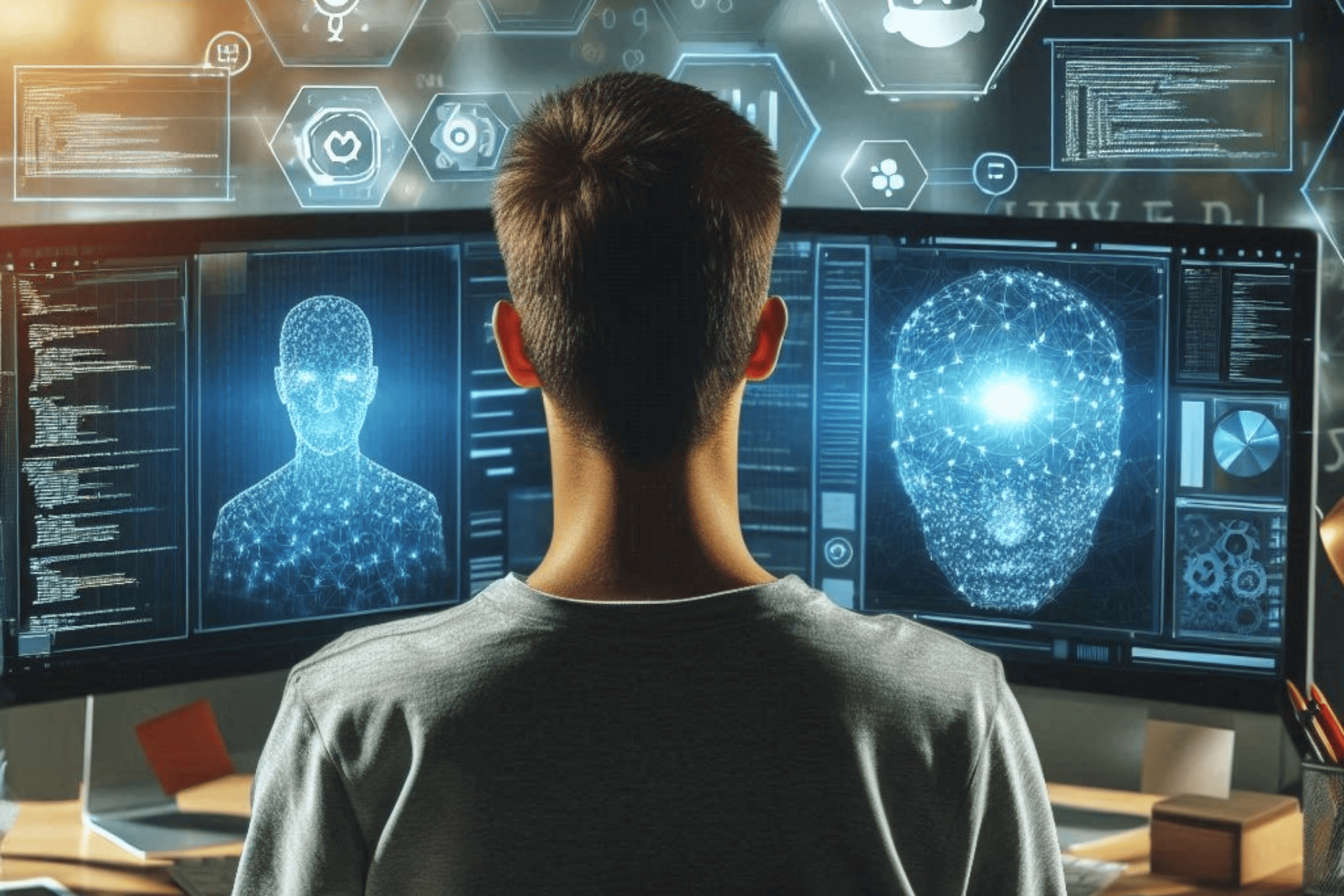 Ilustración conceptual que representa la integración de inteligencia artificial en el desarrollo de software, con elementos visuales como código, circuitos y un cerebro digital.